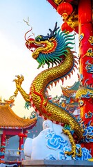 Fototapeta premium A vibrant, colorful dragon statue, adorned with gold and various shades of blue, green, and red, perched atop a temple structure, radiating an aura of ancient Chinese artistry.