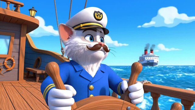 Cartoon cat captain steers a ship on a blue sea.