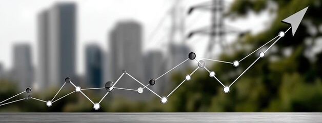 Dynamic upward financial trend displayed against a city skyline with greenery showing a strong growth performance in graphs and data visualization