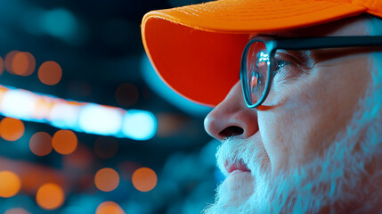 Person with glasses and orange cap intensely focuses on the game unfolding in the stadium