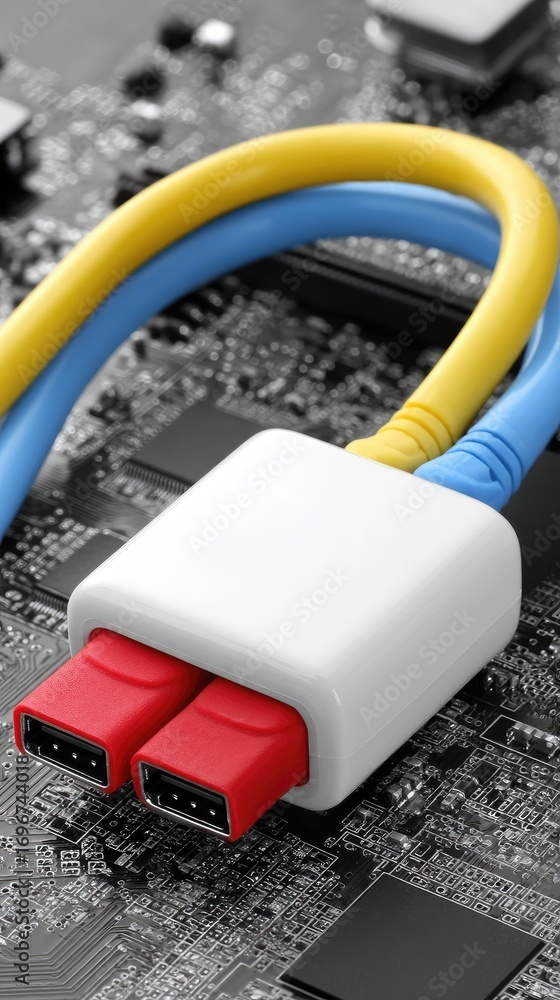 Poster close-up view of a connector with colored wires on a circuit board in a modern workspace