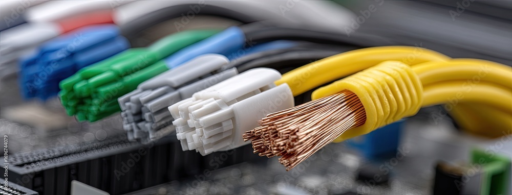 Poster close-up view of colorful wires and cables on a circuit board, highlighting intricate connections an