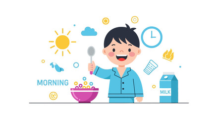 Cheerful Kid Preparing Breakfast, Perfect Beginning of The Day With Joy and Cereal