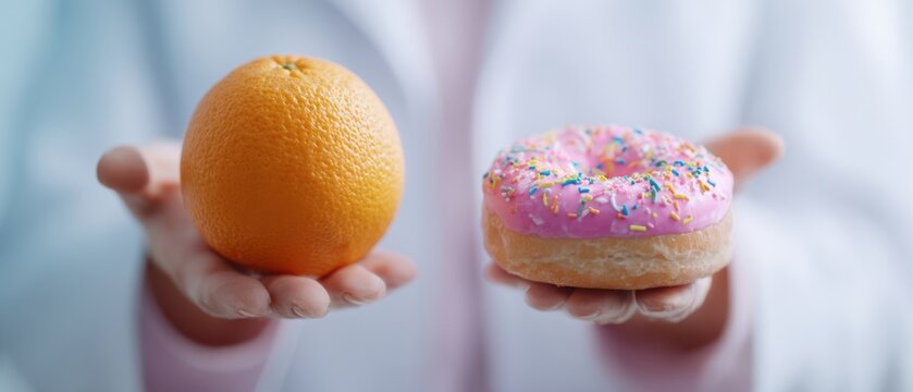 The orange and the pink frosted donut balanced on open palms for comparison
