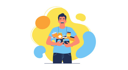 Fototapeta premium Cheerful Vendor Displaying Groceries Illustration With Abstract Watercolor Background Design