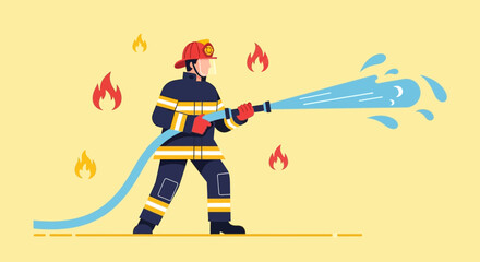 Fototapeta premium Brave Firefighter Extinguishing Flames with Powerful Water Stream to Protect Society