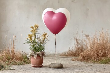 Red and white heart shaped balloon with rustic potted flowers symbolizing romance and vintage celebration