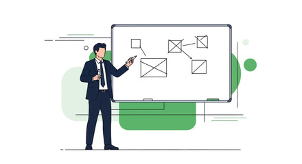 Business Professional Explaining Diagram on Whiteboard Illustrating Strategic Planning Process