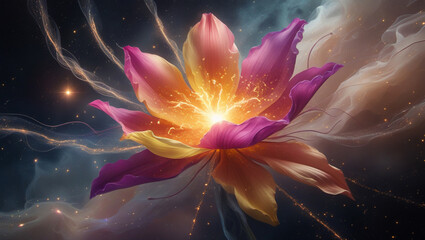 Obraz premium Cosmic celestial flower explodes with vibrant energy light rays abstract art
