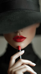 Closeup of beautiful model's face with lips painted with red lipstick and perfect skin wearing a wide brim black hat.	

