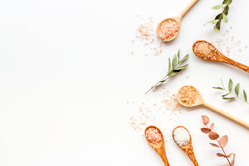 Obraz na płótnie Canvas Beauty spa therapy cosmetics and wellness flat lay - sea salt in many spoons with flowers, top view