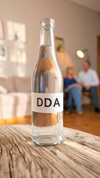 Clear glass bottle with a white label displaying the letters DDA sits on a rustic wooden table in a blurred domestic interior.