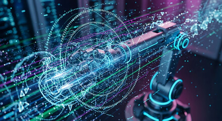 Robotic arm with glowing blue accents surrounded by binary code and geometric shapes in a futuristic setting ai generated