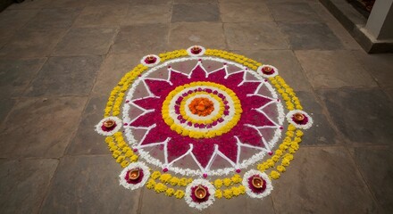 Vibrant Floral Rangoli Design with Diyas for Festive Celebration