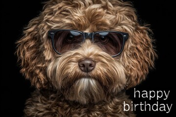 Cool Dog Birthday Wishes: Portrait of a Cute Brown Poodle Mix Wearing Sunglasses with Happy Birthday Text Overlay on a Black Background