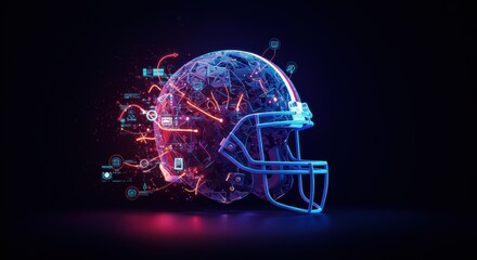 Cybernetic Football Helmet with Data Visualization and Neon Glow