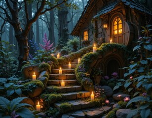 Obraz premium Enchanting forest cottage illuminated by warm candlelight on mossy stairs