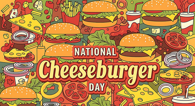 Vibrant national cheeseburger day celebration with colorful illustrations of cheeseburgers and ingredients