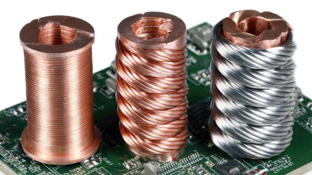 Close-up view of three types of metal wire coils on a circuit board showcasing varying materials and designs