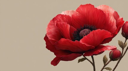 Close-up of vibrant red poppy flowers with budding seed pods against soft background