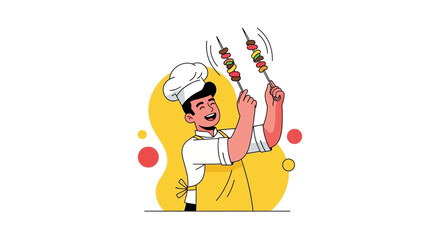 Chef Joyfully Displays Skewered Delights Culinary Excellence Illustration for Food Lovers