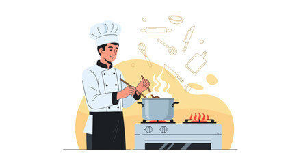 Chef Preparing Delicious Dish in Kitchen, Cooking with Culinary Utensils and Tools