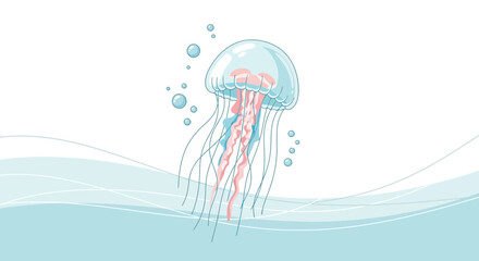 Obraz premium Cartoon Illustration Of A Graceful Jellyfish Floating In Calm, Azure Waters Setting