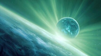 Green planet rising over horizon with light rays emitting from its surface