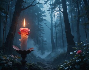 Mysterious glowing candle illuminates a dark, foggy forest path with a single rose.