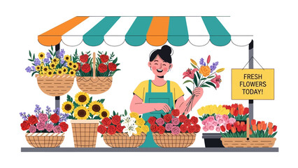 Blooming Business: A vibrant illustration showcasing a cheerful florist, surrounded by an array of colorful bouquets and baskets.
