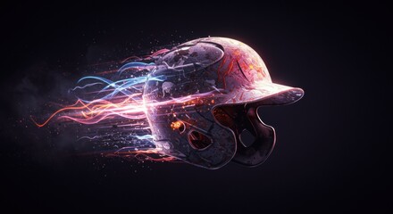 Dynamic Baseball Helmet with Energetic Light Trails on Dark Background
