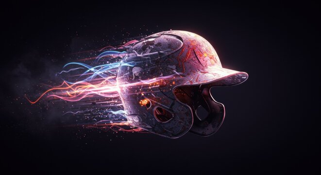 Dynamic Baseball Helmet with Energetic Light Trails on Dark Background