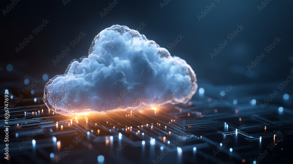 Aufkleber a digital cloud hovering over a circuit board with glowing lights and a dark blue background scene