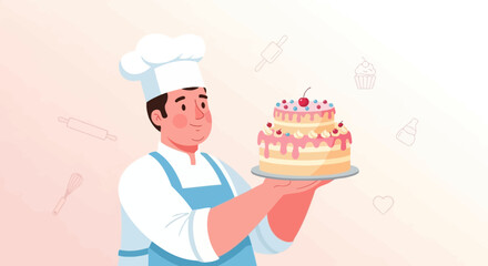 Cheerful Baker Presenting a Delicately Designed Layered Cake For Special Celebrations