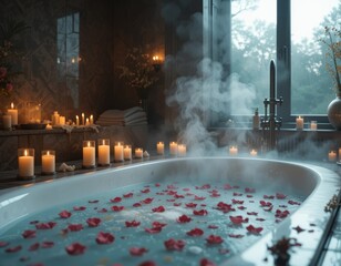 Serene bathroom filled with rose petals and candlelight for ultimate relaxation and pampering.