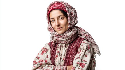 Smiling Kosovo woman in red floral folk dress with embroidered headscarf and Balkan cultural identity