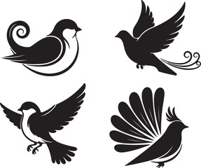 Obraz premium Collection of four stylized black bird silhouettes in various poses birds flying