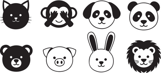 Fototapeta premium Collection of cute black and white cartoon animal faces on white background illustration