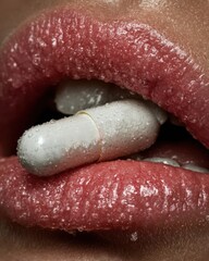Striking Close-up of Wet Red Lips Holding Multiple White Capsules, Evoking Themes of Medication, Desire, and Sensual Health for Pharmaceutical Marketing, Lifestyle, or Conceptual Campaigns