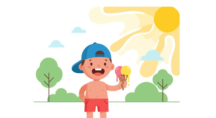 Child Enjoying Ice Cream Cone Under The Warm Summer Sun And Clear Sky