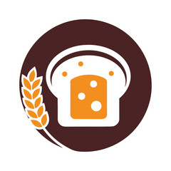 Slice of bread with wheat stalk in a brown circle logo grain