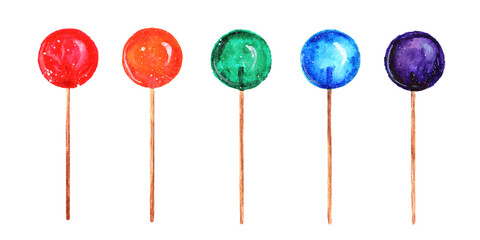 Set of lollipops. Watercolor colored lollipops in the shape of a circle, isolated on a white background. Hand-drawn watercolor illustration of sweets.