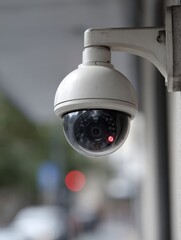 A dome-shaped surveillance camera is securely positioned on a building's exterior, monitoring the street below with a red recording light visible, indicating active recording during daytime