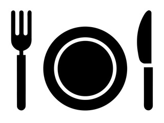 Dish, fork, knife and plate icon set  simple   silhouette vector