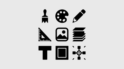 Creative set of 9 black and white vector icons for design and art featuring brush palette pencil ruler photo and typography elements