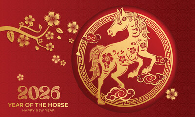 Happy Chinese new year of the horse 2026 festive banner with gold horse, flowers. illustration for header of website