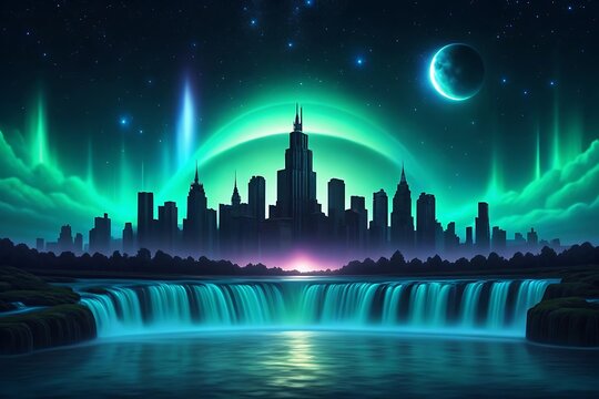 Mystical futuristic cityscape with aurora borealis and crescent moon over water