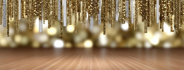 Shimmering backdrop with golden and silver streamers for a festive celebration in a well-lit venue