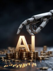 A robotic hand is poised to grasp golden letters representing artificial intelligence. Surrounding the letters are stacks of coins, suggesting a theme of technology and wealth