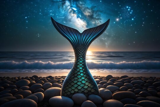 Enchanting mermaid tail shimmers on rocky shoreline under starlit ocean sky